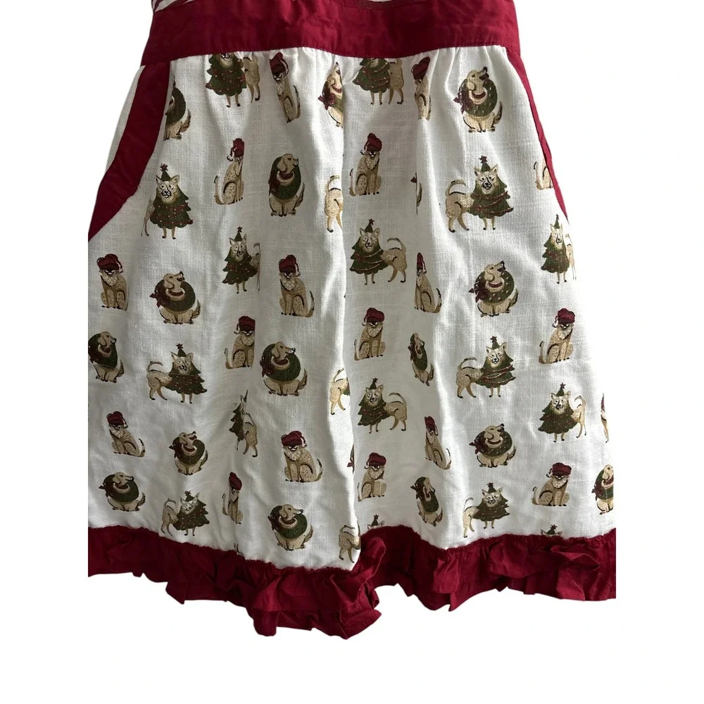 Santa's Workshop Christmas Apron Holiday Dog Print Striped Ruffle Red White